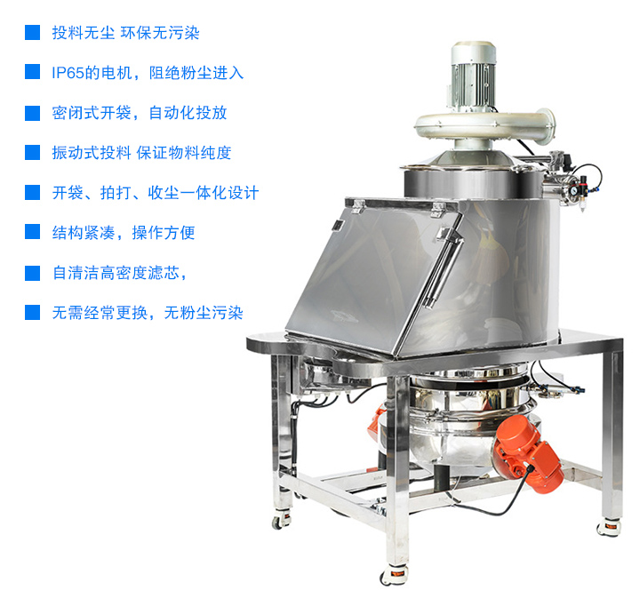 無塵投料站投料無塵 環(huán)保無污染,密閉式開袋，自動化投放,開袋、拍打、收塵一體化設(shè)計，結(jié)構(gòu)緊湊，操作方便,用噴射式自清潔高密度濾芯，無需經(jīng)常更換 